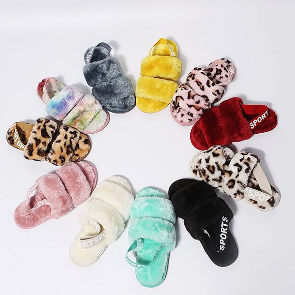 

large size wool sandals women's 2022 european and american new one word plush flat bottom leopard print plush slippers, Black