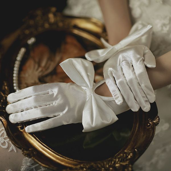 

women rhinestone lace short mesh gloves ladies white wrist gloves large bow knot marriage glove