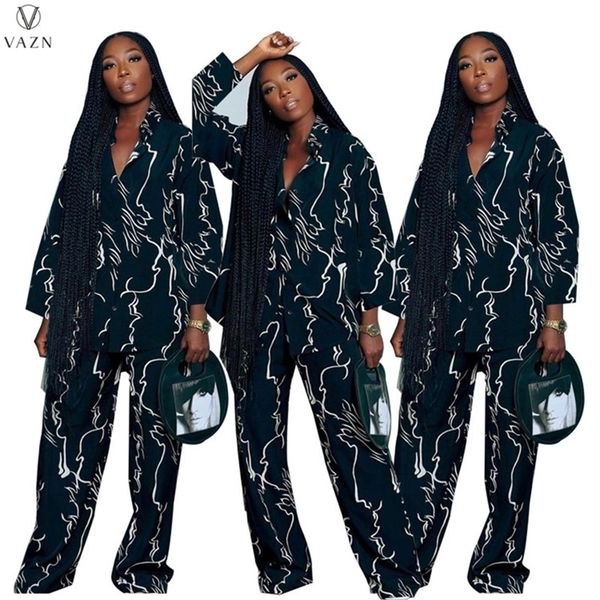 

women's two piece pants vazn ladies fashion street casual style women suit long sleeve lapel shirt elastic printed sets 220921, White