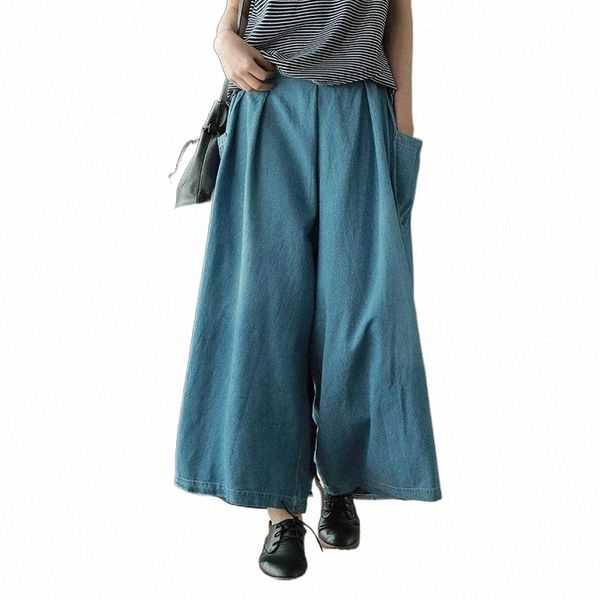 

women's jeans summer women fashion elastic waist loose denim pants ladies casual pocket vintage trousers 2021 mori girl1 p1us#, Blue