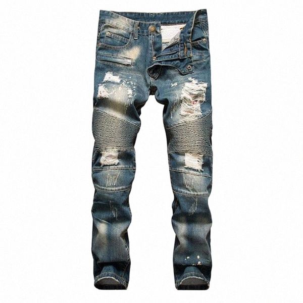 

men's jeans mens ripped spring autumn slim fit strech denim pants men pleated motorcycle biker hip hop pantalon homme 42 401 t0kg#, Blue
