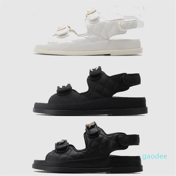 

2021 calf leather quilt belt sandals quilted paris fashion platform black white beach classic flat woman summer design women's 35-288h