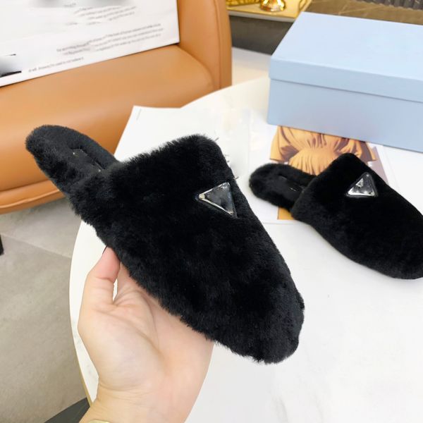 

flat slide slippers slides women shoes sandals sandal soft warm fur enameled triangle crossover lady winter indoor slipper fuzzy plush, Black