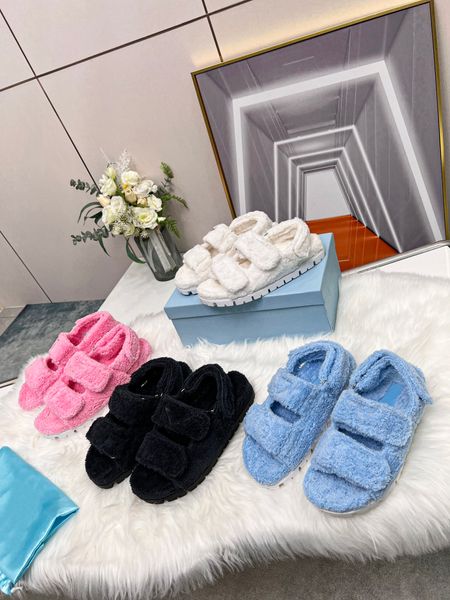 

terrycloth sandals women plush sandal mules flat slippers sandals claquettes fashion winter warm rubber slide, Black