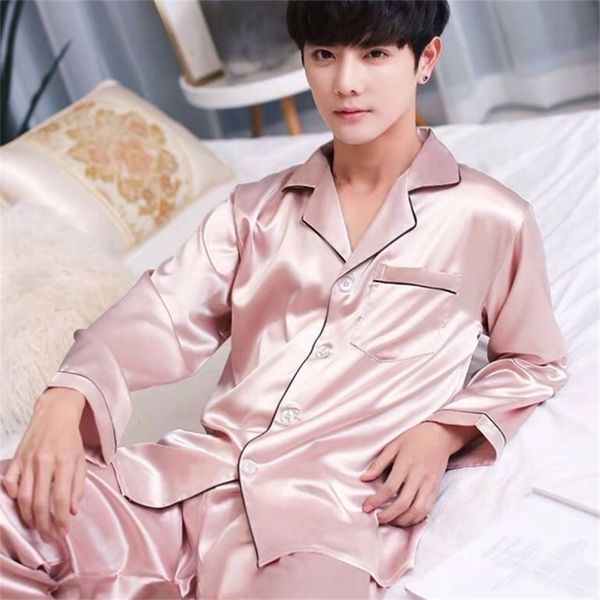 

men's sleepwear male stain silk pajama set pyjamas men smart soft pijama suit solid color satin home clothing summer 220920, Black;brown