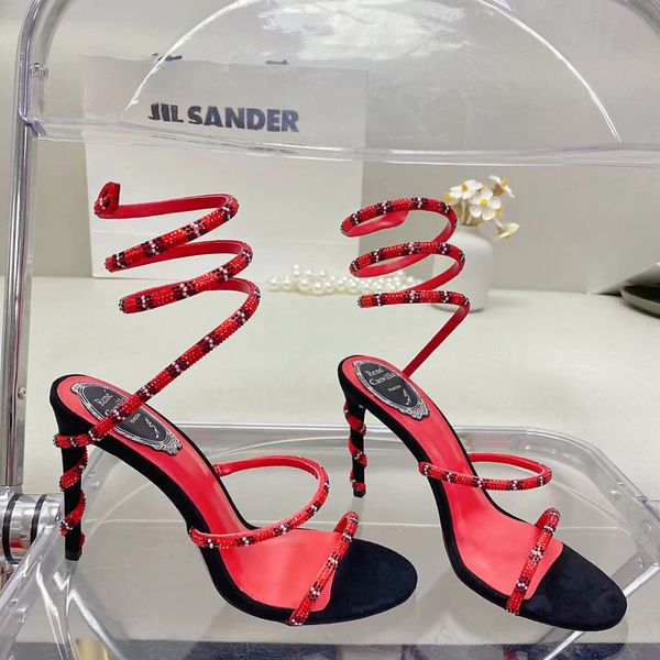 

margot rene caovilla embellished suede sandals snake strass stiletto heel evening shoes women high heeled luxury designer ankle wraparound, Black