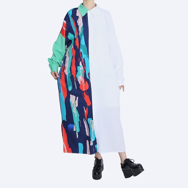 

casual dresses european and american color stitching long shirt skirt, Black;gray