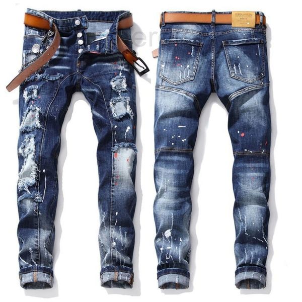 

men's jeans designer elastic hole breaking tide brand paint small straight pants patch jeans go85, Blue