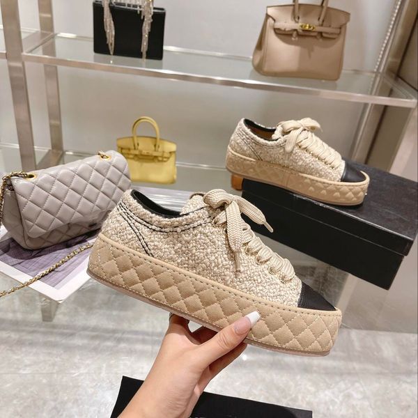 

designer sneakers canvas shoes low women loafers women casual luxurys thick bottom lace up round head biscuit shoes lamb matching leather, Black