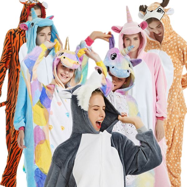

new animal unicorn pajamas adults lounge winter sleepwear kigurumi wolf panda unicornio pyjamas women onesie anime costumes jumpsuit, White