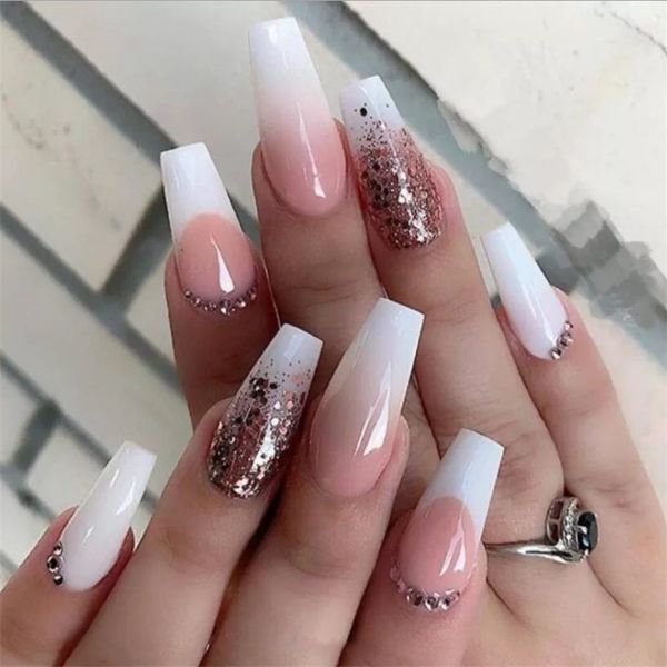 

false nails coffin french nail crystal ab shine decorative false nails long ballerina rhinestones press on artificial false nail tip 220921, Red;gold