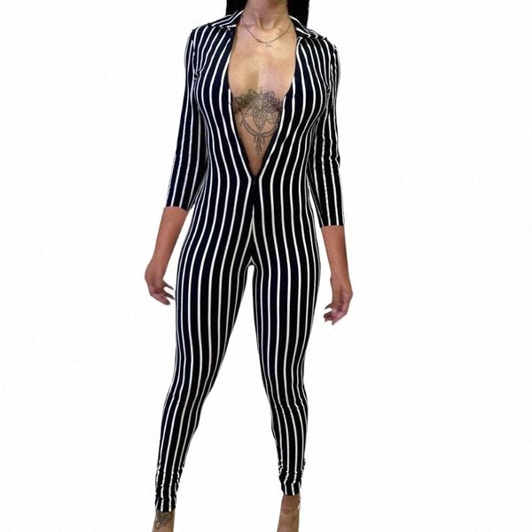 

women's jumpsuits & rompers fitness bodysuit tracksuit 2021 deep v-neck jumpsuit long sleeve skinny striped print slim casual overalls, Black;white