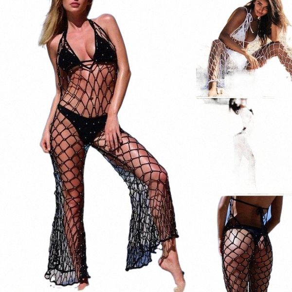 

women's jumpsuits & rompers clothes 2021 women crochet beach cover up fishnet sarong wrap bikini handmade smock drop y6x5#, Black;white