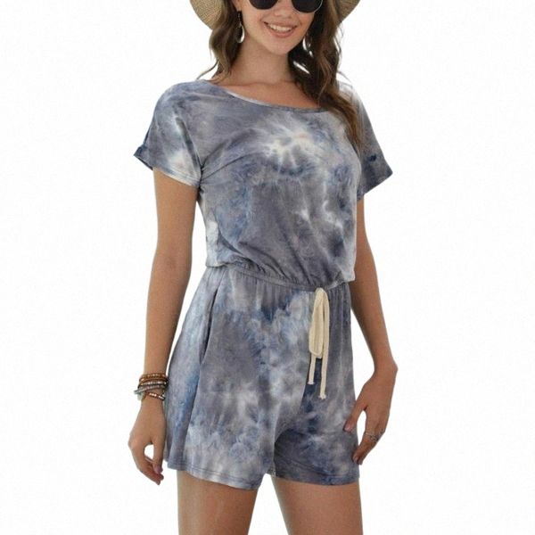 

casual rompers women tie dye printed lace-up pockets summer overalls o-neck short sleeve wide leg pants jumpsuits female 2xl women's &, Black;white