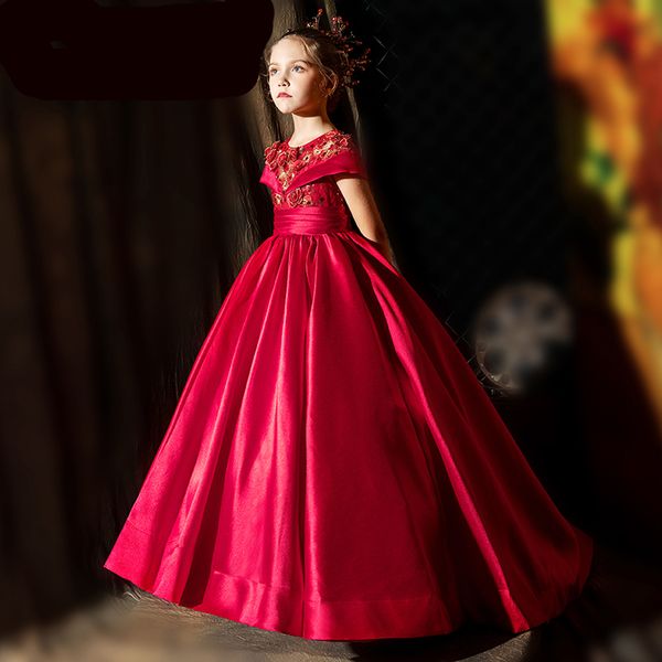 

bright red scoop satin girl' pageant dresses flower girl dresses holidays/birthday princess skirt custom size 2-14 f921006 applique tr, White;red