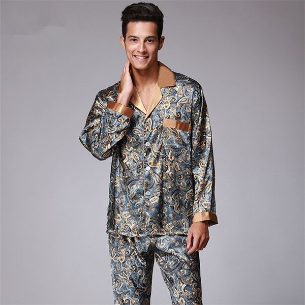 

men's sleepwear luxury pajamas men paisley pattern silk long sleeved satin mens pyjamas lounge set plus size 4xl 220920, Black;brown