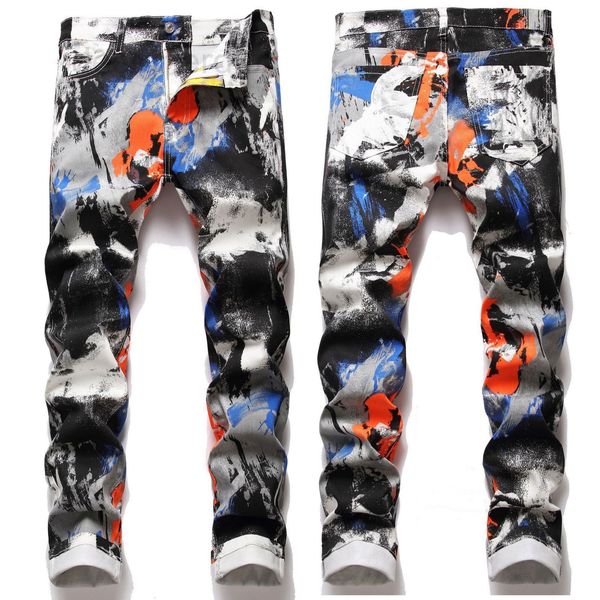 

men's jeans designer new camouflage roll printing pattern printed young men's elastic slim legged pants bw51, Blue