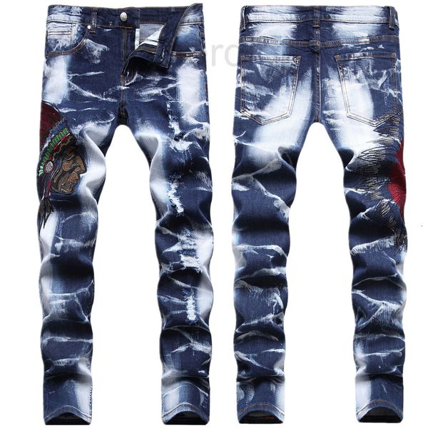 

men's jeans designer fashion hole embroidery patch small straight jeans korean trend slim beggars pants g6bz, Blue