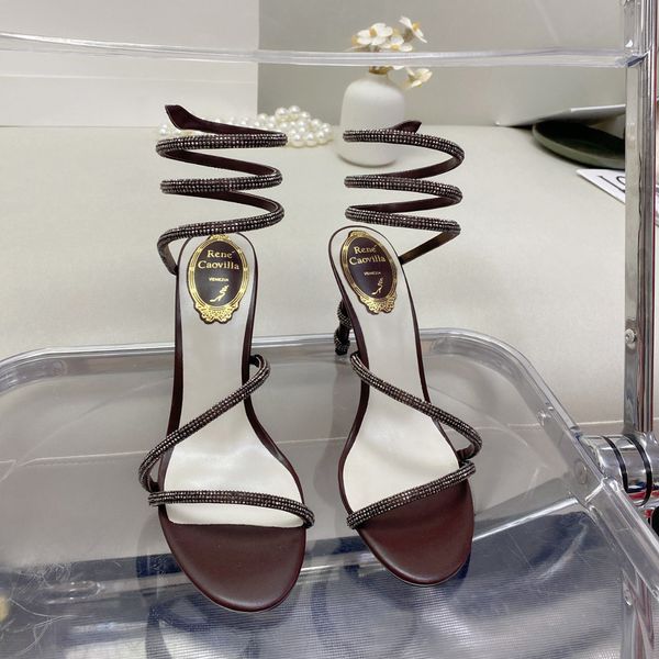 

embellished margot rene caovilla leather sandals snake strass stiletto heel evening shoes for women heeled luxury designer ankle wraparound, Black