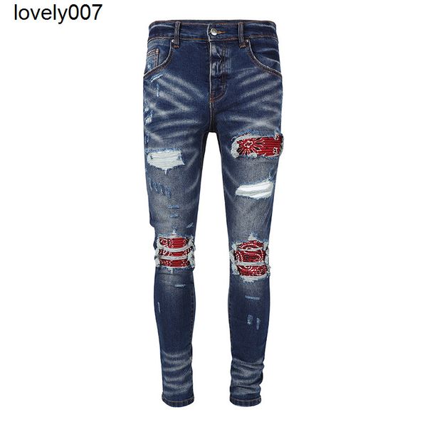 

men's jeans amirs men's jeans high street light blue red leather double knee hole cutting jeans