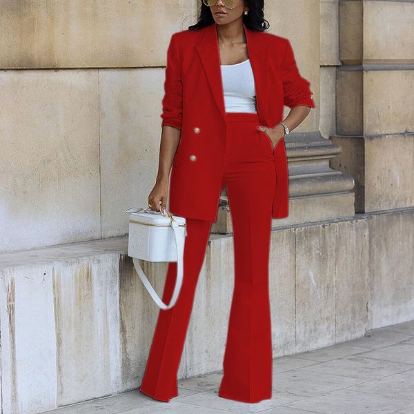

women two piece pants solid blazer and wide-leg pants set suit, White