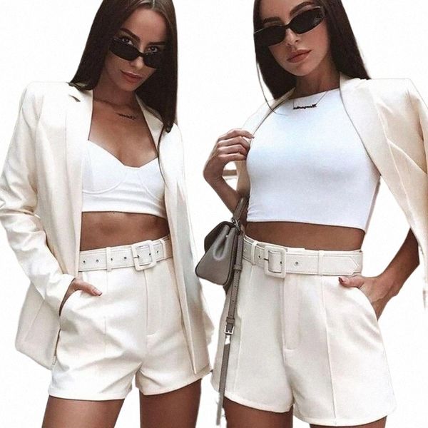 

women's tracksuits 2021 women sets autumn long sleeve cardigan blazer shorts solid 2 piece set lady casual short suits 6 colors a8jf#, Gray