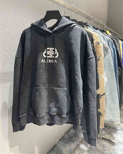 

home b high version snow wash old chest letter silver large lock print terry hoodie, Black