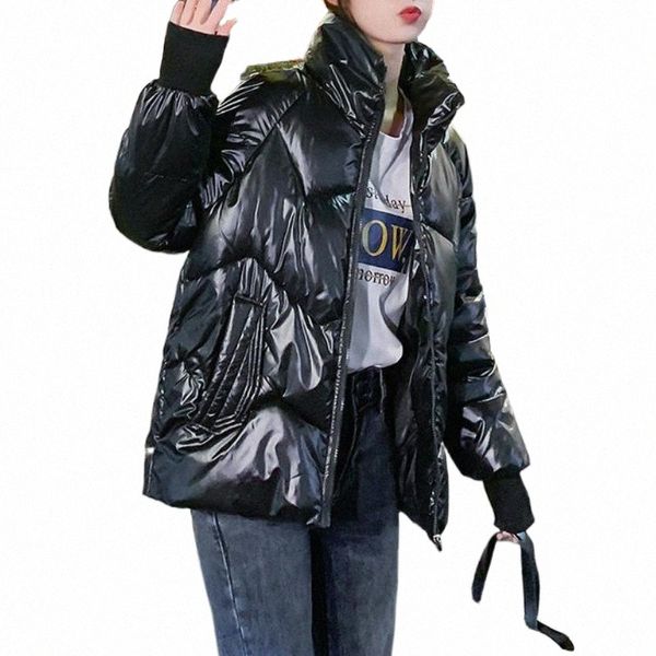 

women's down & parkas thick coats winter jackets women short autumn female glossy windbreaker overcoat loose outwear with pockets n7ys#, Black