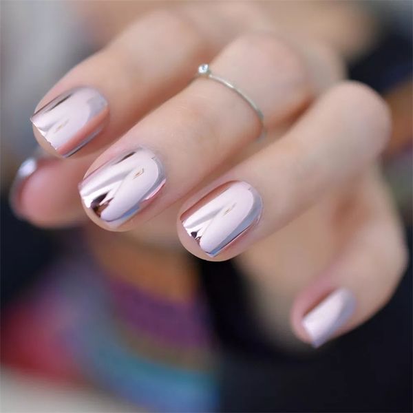 

false nails mirror light soft pink metal plating false french acrylic nail tips metallic square fake nails without nail glue 220921, Red;gold