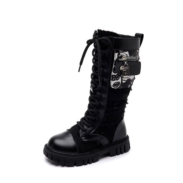 

boots britain style children versatile fashion non slip pocket high kids winter for toddler girls princess catwalk pu 220921, Black;grey