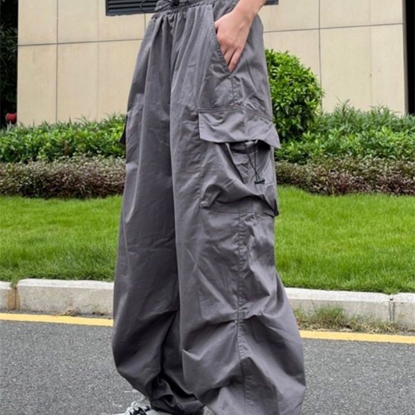 

women's pants capris houzhou y2k parachute women hippie streetwear oversize pockets cargo trousers harajuku techwear wide pantalone egi, Black;white