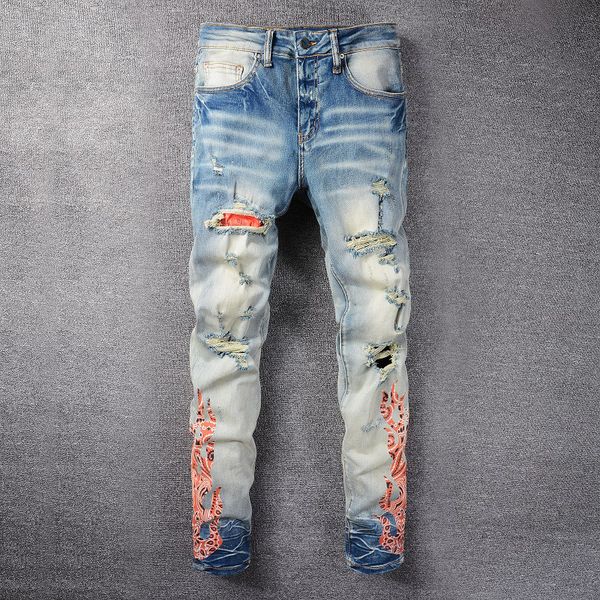 

men's designer jeans regular fit trend ripped patch printed jean skinny trouser high street trendy mens printing slim pencil distressed, Blue