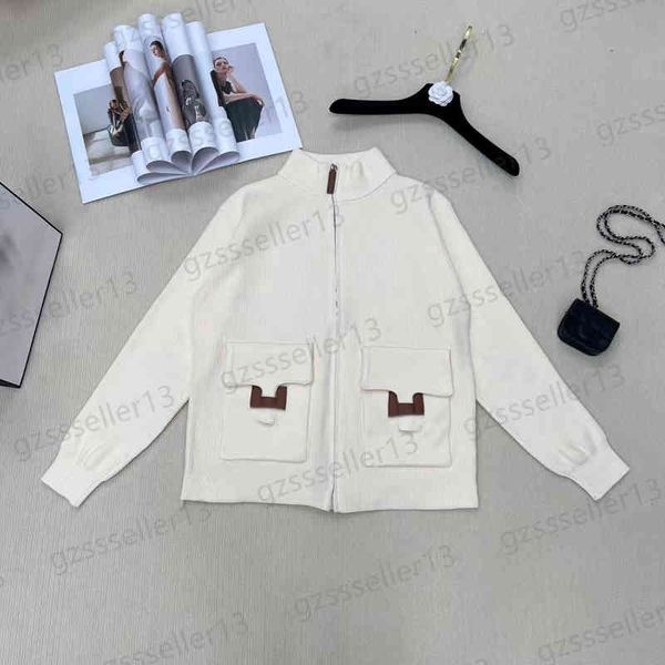 

womens sweater designer cardigan zip knited jackets classic leather lettering logo stand collar long sleeves women sweaters 2 colors, White;black