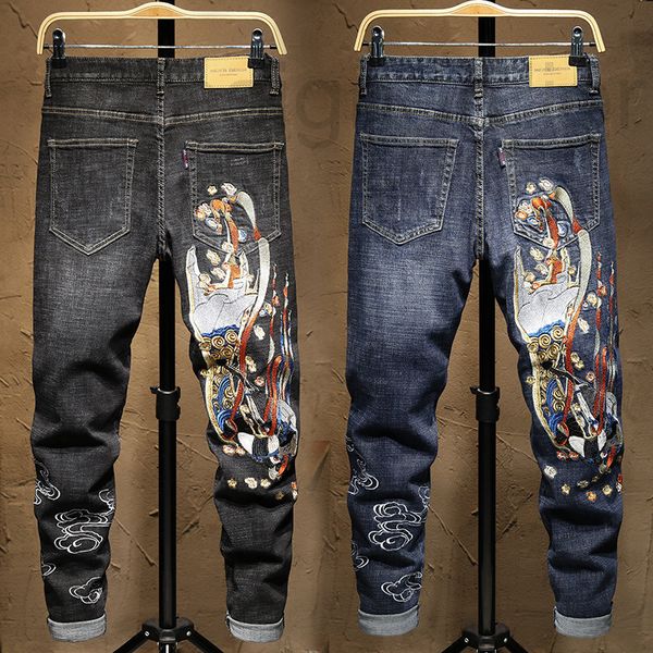 

men's jeans designer 2021 new autumn and winter embroidered jeans men's fashion slim fitting leggings national chinese pants 7icq, Blue
