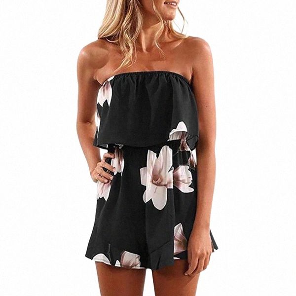 

women jumpsuits rompers summer pocket button plus size printed tube holiday mini playsuit ladies shorts jumpsuit women's & o53j#, Black;white