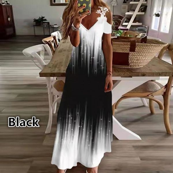 

women's dress new summer lace halter v-neck large floral print skirt, Black;gray