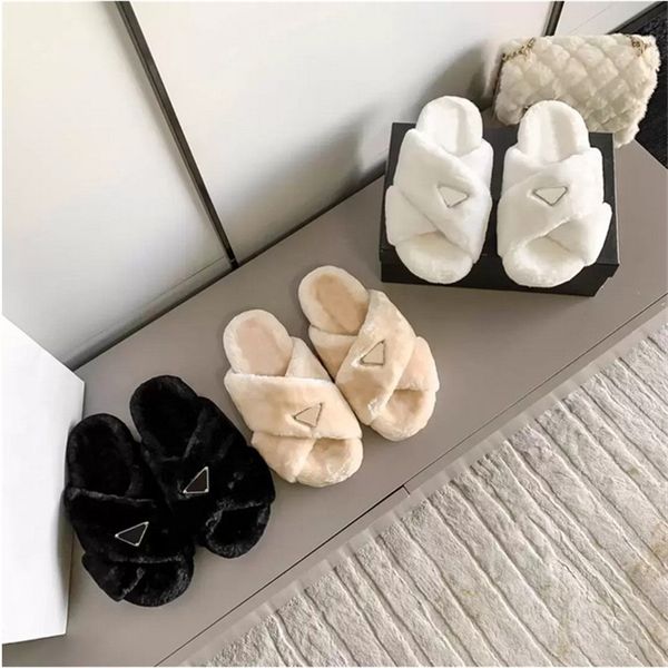 

wool slippers women slides enameled slide shoes fashion sneakers designer luxury triangles furry winter warm black white pink large size 35-