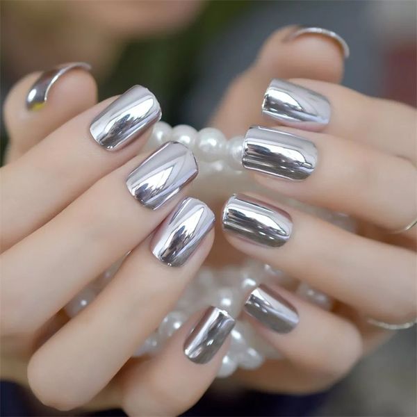 

false nails shiny punk metallic light purple false fake nails metal plating acrylic short reflective mirror press on nail art tips 220921, Red;gold