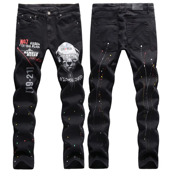 

men's jeans designer fashion street trendy elastic hand-painted splash color ink 3d digital printing doghead jeans men jc11, Blue