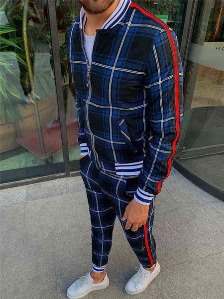 

men's tracksuits 2020 new gentlemen tracksuit men sets brand plaid zipper fashion sporting suit sweatshirt sweatpants mens clothing 2 p, Gray