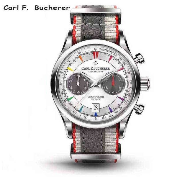 

wristwatches 2023 new carl f. bucherer limited edition five needle series colorful face timer blue dial fabric strap quartz watch 0921, Slivery;brown