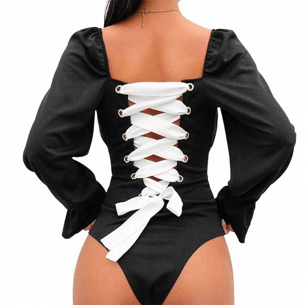 

women's jumpsuits & rompers manoswe pullovers cross lace up bodysuit women square collar black backless jumpsuit elasticity open crotch, Black;white