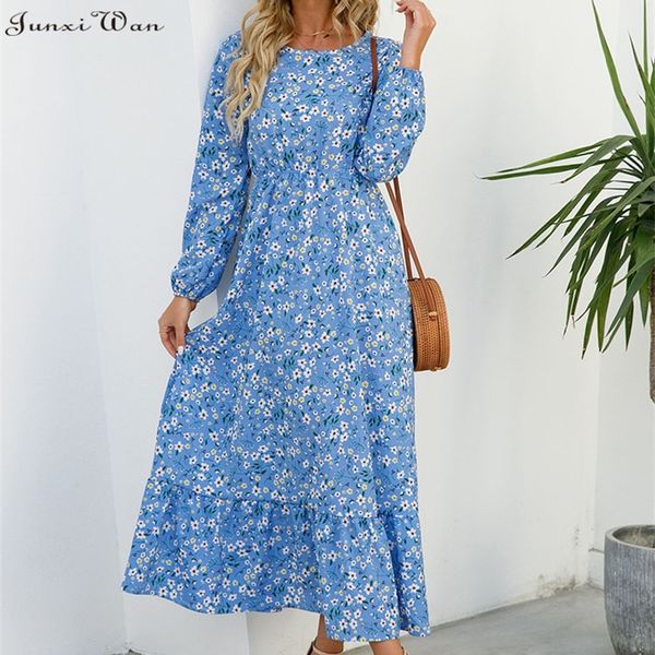 

casual dresses elegant floral print women spring summer o neck long sleeve chiffon a line maxi party vestidos 220921, Black;gray