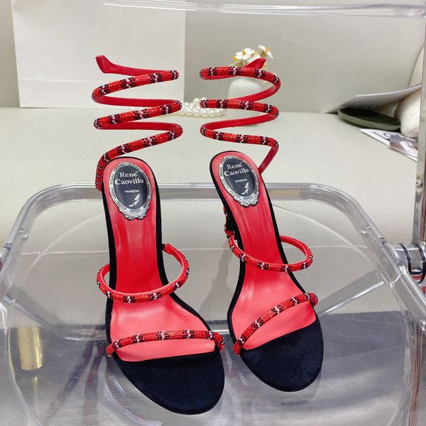 

embellished caovilla margot rene suede sandals snake strass stiletto heel evening shoes women high heeled luxury designer ankle wraparound 7, Black