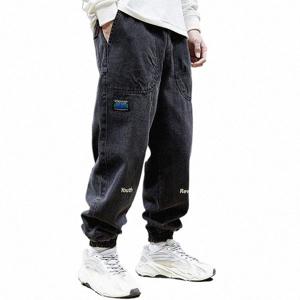 

men's jeans 2021 loose black/blue straight pants solid color casual baggy homme cargo pocket biker denim trousers q0f1#