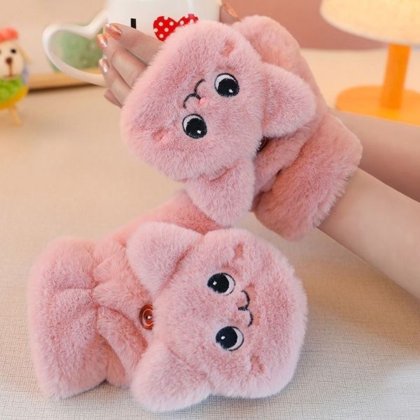 

five fingers gloves cute rabbit fur knit mittens plush fingerless flip half finger driving glove winter soft warm thick for women girl 22092, Blue;gray