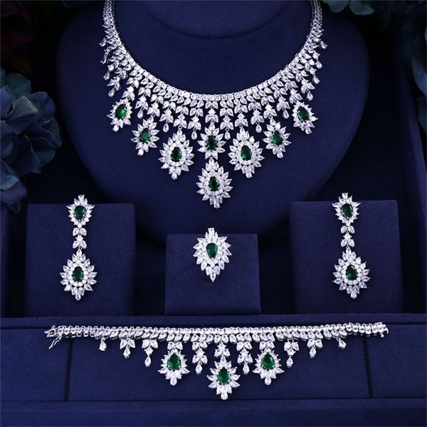 

other jewelry sets green blue black red cubic zirconia necklace drop earrings bracelet and ring 4pcs dubai wedding bridal full jewelry set 2, Silver