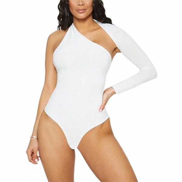 

women's jumpsuits & rompers fashion summer women bodysuit 3 color solid one shoulder leotard slim fit long sleeve n8dd#, Black;white