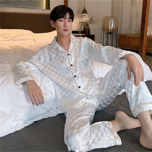 

men's sleepwear autumn trousers pajamas suit plaid silk home clothes two piece for men luxury sleep 220920, Black;brown