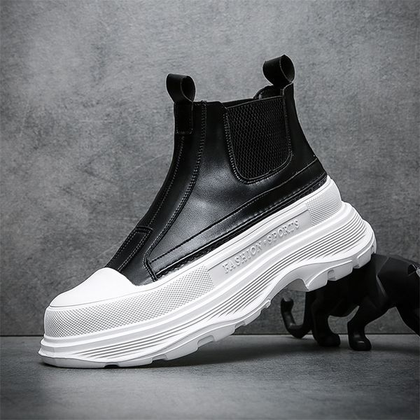 

boots men's fashion leather autumn thick-soled lightweight high high-trend casual white shoes chelsea 220921, Black